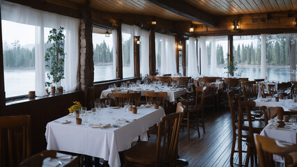 Interior of a country restaurant on the lake shore