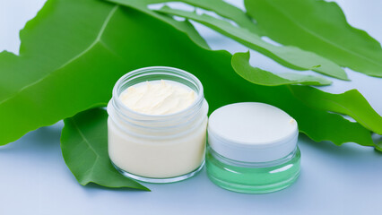 Jar of cosmetic cream and plants on green water