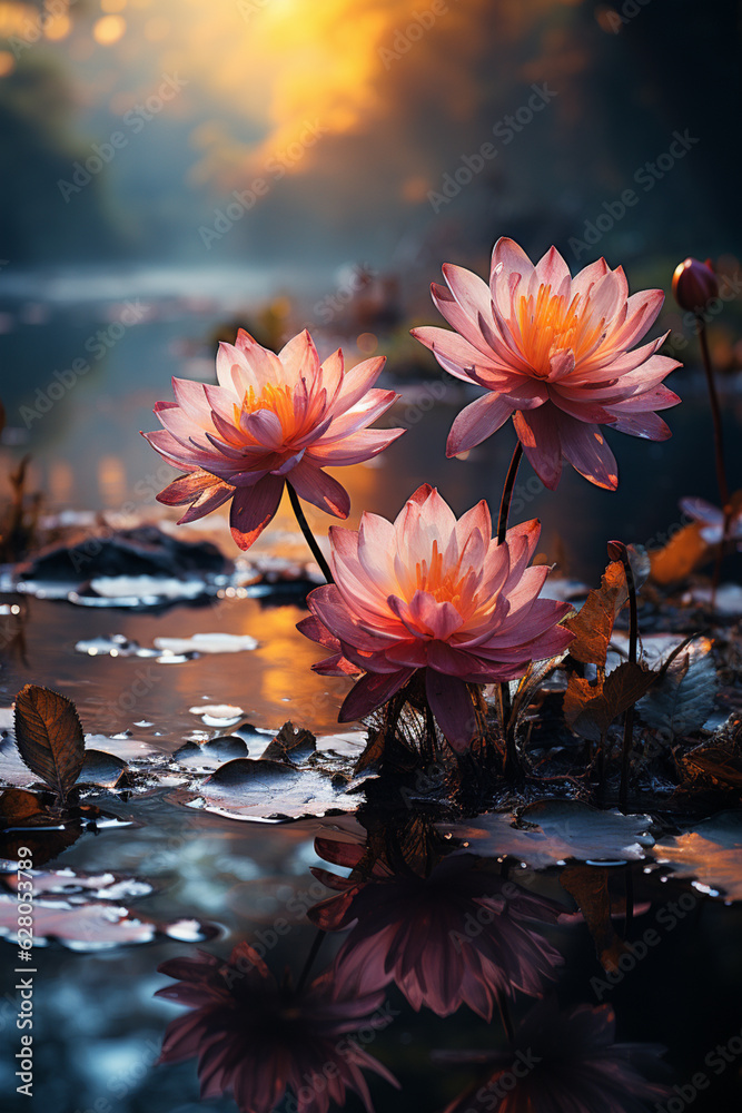 Poster a dreamy and ethereal sunrise over a mist-covered lake, with the sun's rays casting a soft and gentl