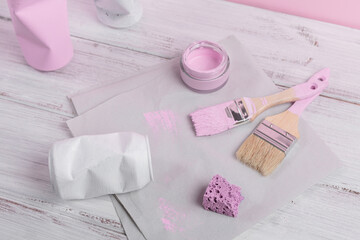 Sustainable hobby background with handmade vase or houseplant pots. Creative upcycling DIY idea, craft upcycled tin can pots for home decoration. Top view, flat lay