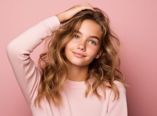 A cute young girl with her hands on her forehead in front of a pink background.