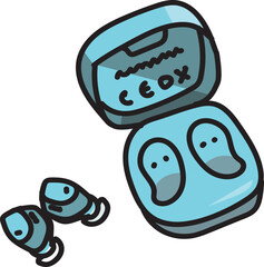 Light Blue Wireless Bluetooth Earbuds and its Charging Device Opened with the Earbuds Outside Vector Illustration