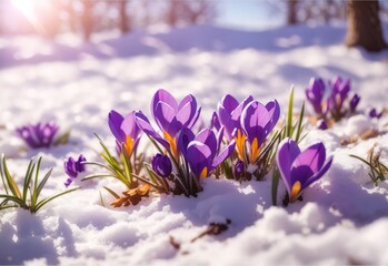 Spring landscape with first flowers purple crocuses on the snow in nature in the rays of sunlight