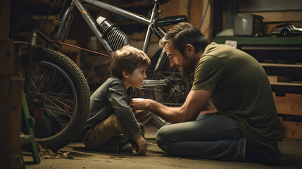 Fototapeta na wymiar Father and son repairing bike