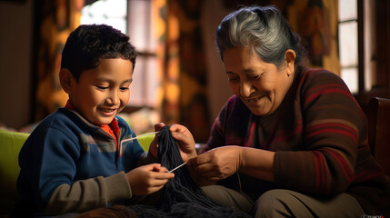 Grandmother and grandchild knitting 