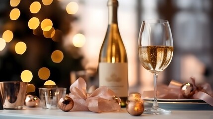 Luxury holiday composition, a bottle of chilled champagne and glasses on the table in front of the seated people, festive lights in the background - Powered by Adobe