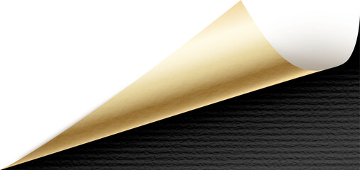 Black Curled Paper Corner. Folded Paper corner in Gold and Black colors. Paper Design Element. 