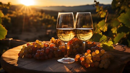 Wineglass of white wine and ripe grapes on wooden table in vineyard.  Two glasses of white wine on wooden table in vineyard at sunset.