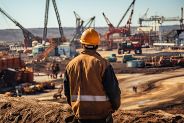Fototapeta premium worker in a helmet look on a hard industrial zone, in background big excavators and trucks. ai generative