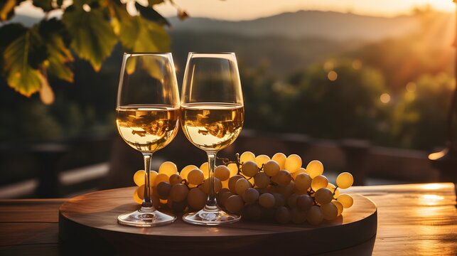 Two glasses of white wine and grapes on table in vineyard at sunset