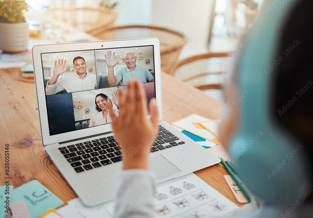 Wall mural Video call, laptop and child greeting her family while sitting by the dining room table in her home. Technology, waving and girl kid on a virtual call with her parents and grandfather on a computer.