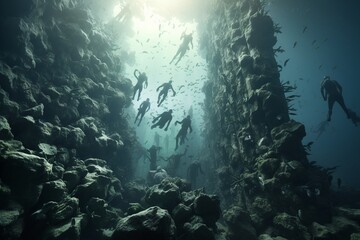 Photograph of people diving in preserved coral reefs full of marine lif, Generative AI - obrazy, fototapety, plakaty