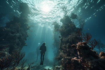 Photograph of people diving in preserved coral reefs full of marine lif, Generative AI