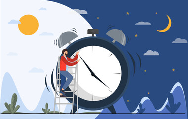 Fototapeta Person near clock, changing day and night circle, day and might routine, circadian rhythm, time for rest and work concepts, flat vector illustration obraz