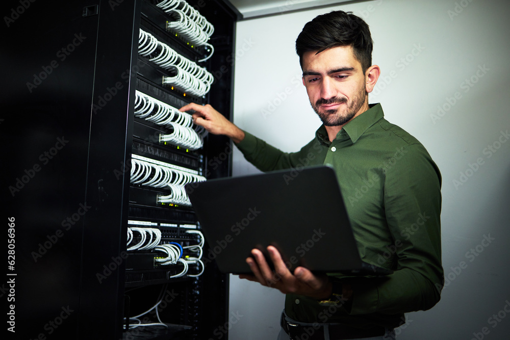 Poster laptop, engineering and man technician in a server room for technical repairs by a control box. tech