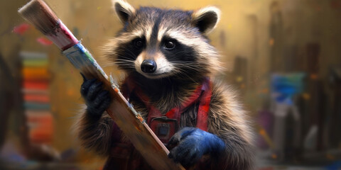 Amusing Raccoon Artist with Brush and Paint as Creative Painter AI generated