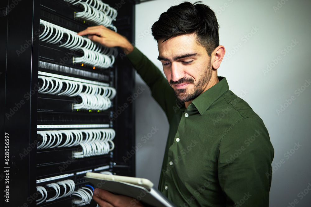 Poster Cable, engineer man and data center with a tablet for programming, maintenance and software upgrade. Male IT technician person with technology in server room for wire, hardware or internet connection