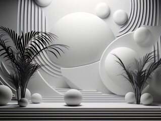 Abstract minimalistic contrast black and white scene with geometric shapes and plants. visualization AI