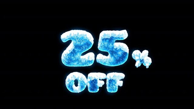 Animated blue freezing 25% off. Sale element with snow and ice for winter promotion. On alpha channel, transparent background.