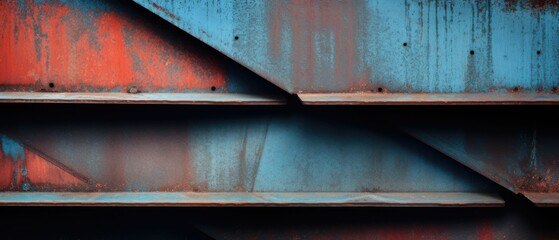 Industrial steel blue metal panels with rusty red corrosion texture, minimalistic grunge background - generative AI 