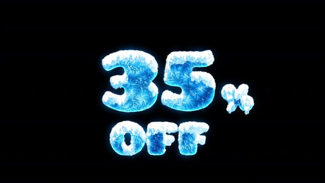 Animated blue freezing 35% off. Sale element with snow and ice for winter promotion. On alpha channel, transparent background.