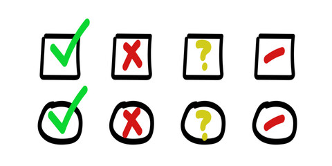 Green check and red cross mark set. Hand drawn doodle sketch style. Vote, yes, no drawn concept. Checkbox, cross mark with square, circle element. Vector illustration.