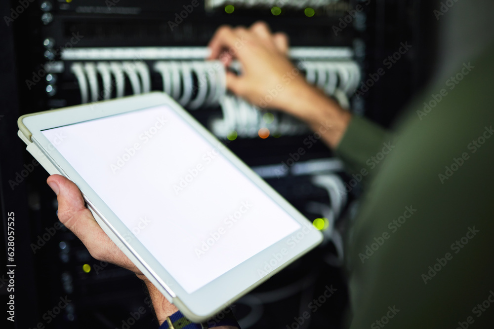 Fototapete Screen, server room and hands with a tablet for information, network analytics or maintenance. Closeup, working and a programmer with blank technology for system connectivity, coding or support