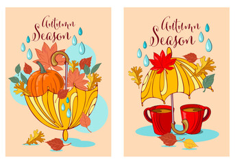 set of autumn cards with yellow umbrella