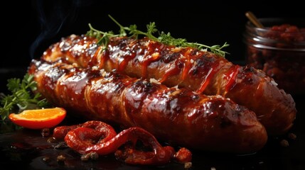 Grilled sausage with melted barbeque sauce on a black and blurry background