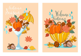Obraz na płótnie Canvas set of autumn cards with yellow umbrella