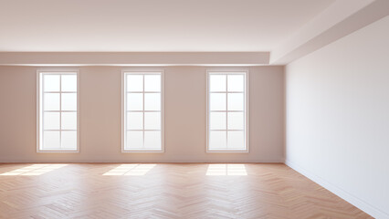 White Room with a White Ceiling and Cornice, Glossy Herringbone Parquet Floor, Three Large Windows and a White Plinth. Sunny Beautiful Interior. 3D illustration, 8K Ultra HD, 7680x4320, 300 dpi