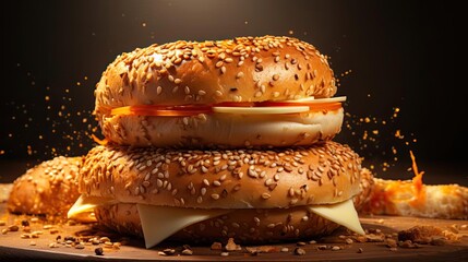 bagels bread with sprinkled sugar and sesame seeds on wooden table background blur