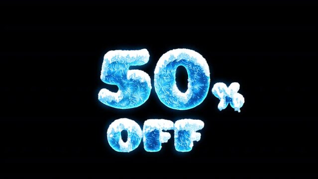 Animated blue freezing 50% off. Sale element with snow and ice for winter promotion. On alpha channel, transparent background.
