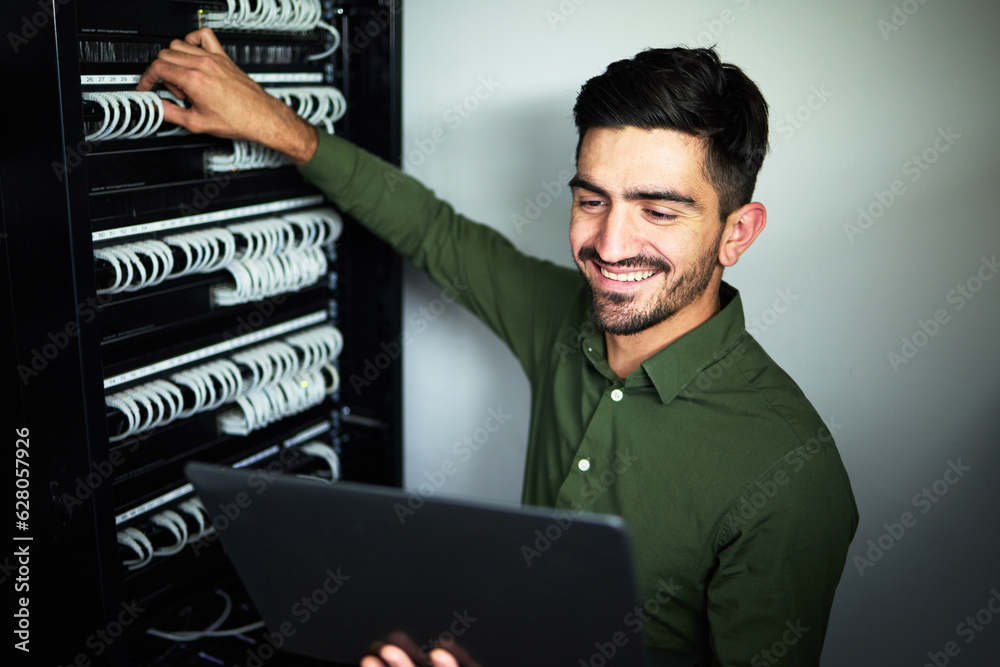 Poster laptop, maintenance and male technician in a server room for technical repairs by a control box. tec