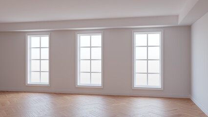 Interior with White Walls, Three Large Windows, Light Glossy Herringbone Parquet Floor and a white Plinth. Beautiful Unfurnished Concept of the Room. 3D Illustration, Ultra HD 8K, 7680x4320, 300 dpi