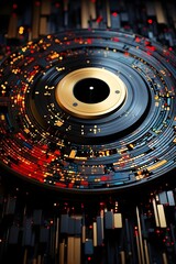 A black record spinning with gold particles and vibrant lights on it, showcasing the intersection of machine learning and music generation, created with Generative AI technology