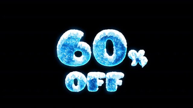 Animated blue freezing 60% off. Sale element with snow and ice for winter promotion. On alpha channel, transparent background.