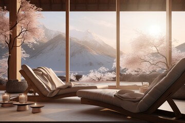 Relaxation concept at wellness retreats amidst serene mountain scenery, Generative AI