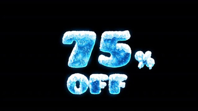 Animated blue freezing 75% off. Sale element with snow and ice for winter promotion. On alpha channel, transparent background.