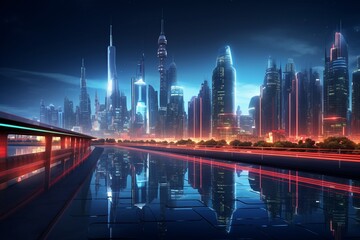 Fototapeta na wymiar Cityscape photography with futuristic architecture and stunning night lighting, Generative AI