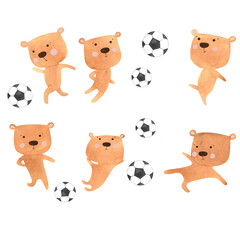 cubs play football, cute bears play ball, outdoor sports games painted with watercolors, outdoor physical education