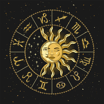 Horoscope wheel with golden shiny zodiac signs, sun eclipse with crescent moon in centre. Mystical astrological illustration in vintage style.