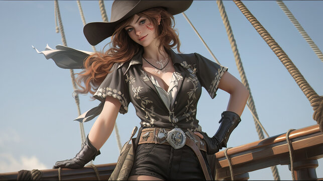 Cartoon pirate adventure - young woman in pirate costume on ship