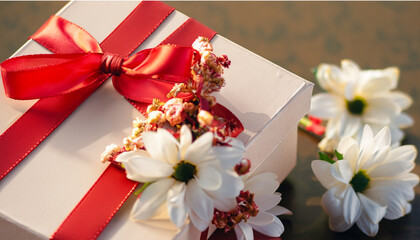 gift box with red ribbon and bow, A gift box with a red ribbon and some flowers, Ai Generate 