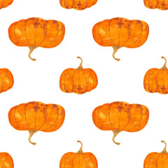 pattern with pumpkins painted in watercolor, autumn pattern seamless, print for halloween