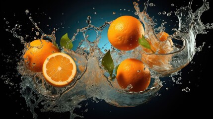 Fototapeta na wymiar flying fresh orange splashed with water on black background and blur