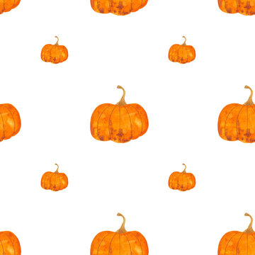 pattern with pumpkins painted in watercolor, autumn pattern seamless, print for halloween