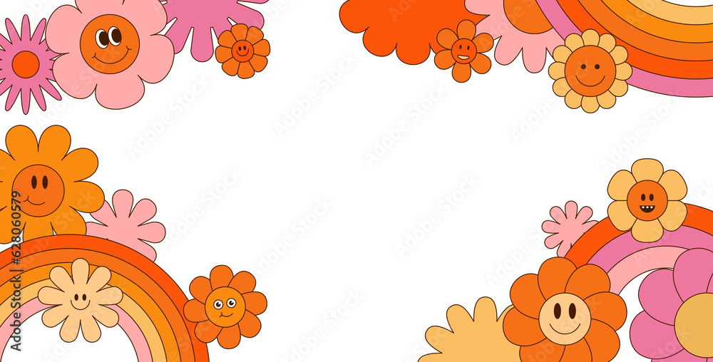 Poster Png  horizontal banner with copy space for text - design elements and shapes for abstract backgrounds and modern art - hippie groovy vibes with flowers and waves