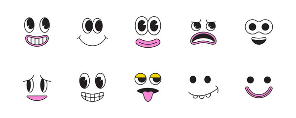 Png cartoon faces, abstract design mascots - y2k stickers and badges, happy, angry expressions, sticker and icons with different face expressions - 628060514