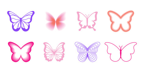 Png set of design elements and illustrations in simple minimalist linear style - self care and love, prints and posters in y2k style, butterflies